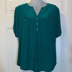 PerSeption Concept Chic Teal Blouse with Button Accents Size L